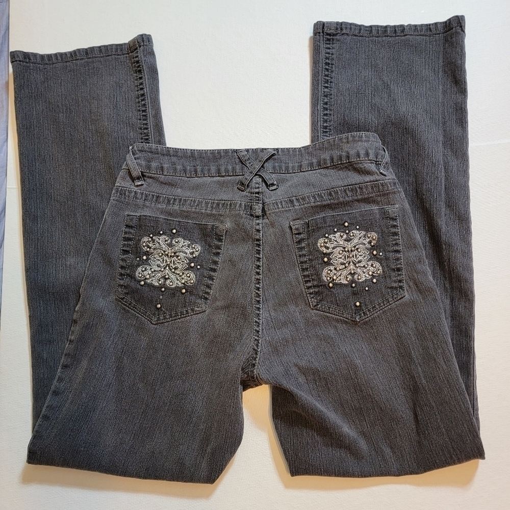 Reba size 6 black jeans with embroidery and metal embellishments